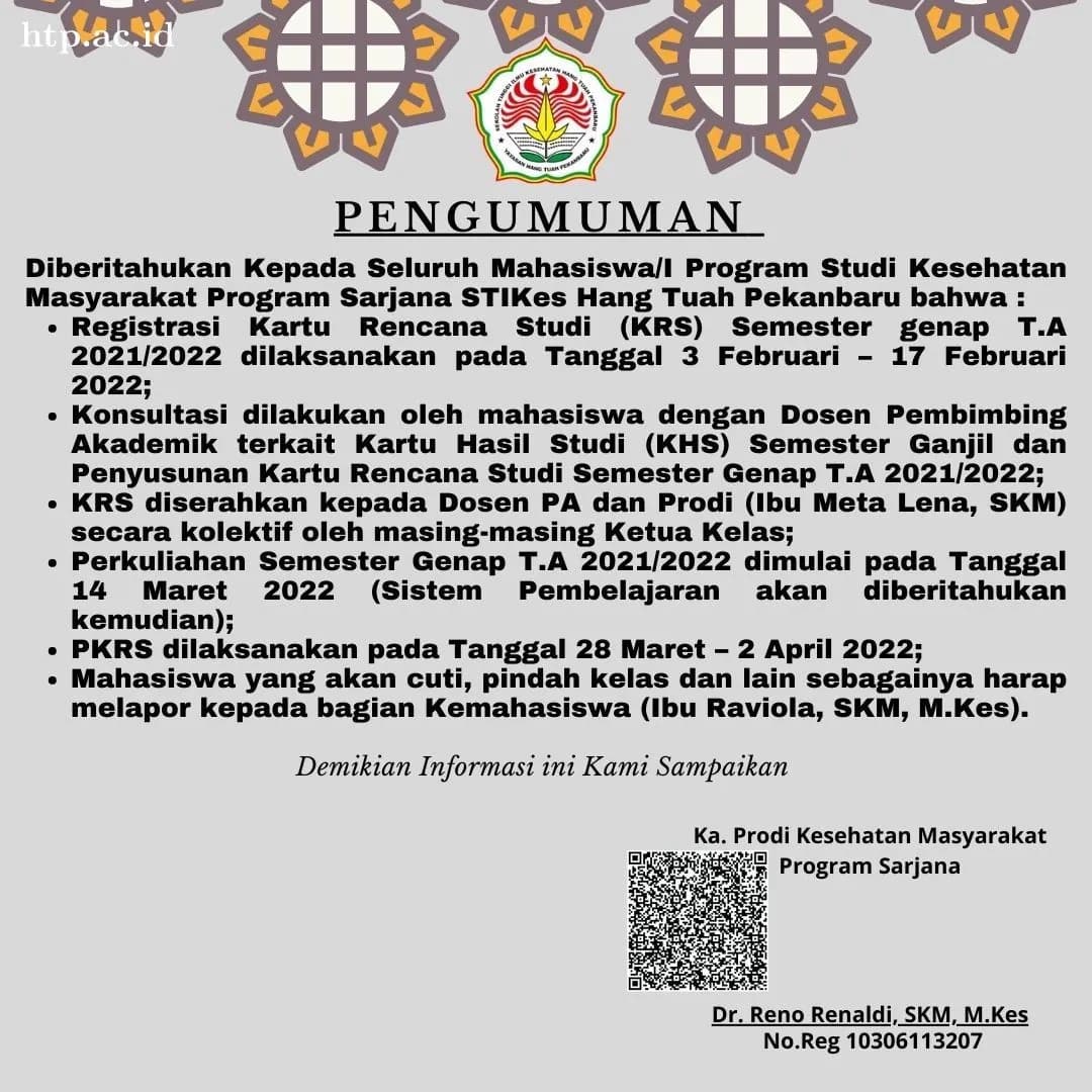 Info Pengisian KRS Mahasiswa Prodi Kesmas Semester Genap T.A 2021/2022