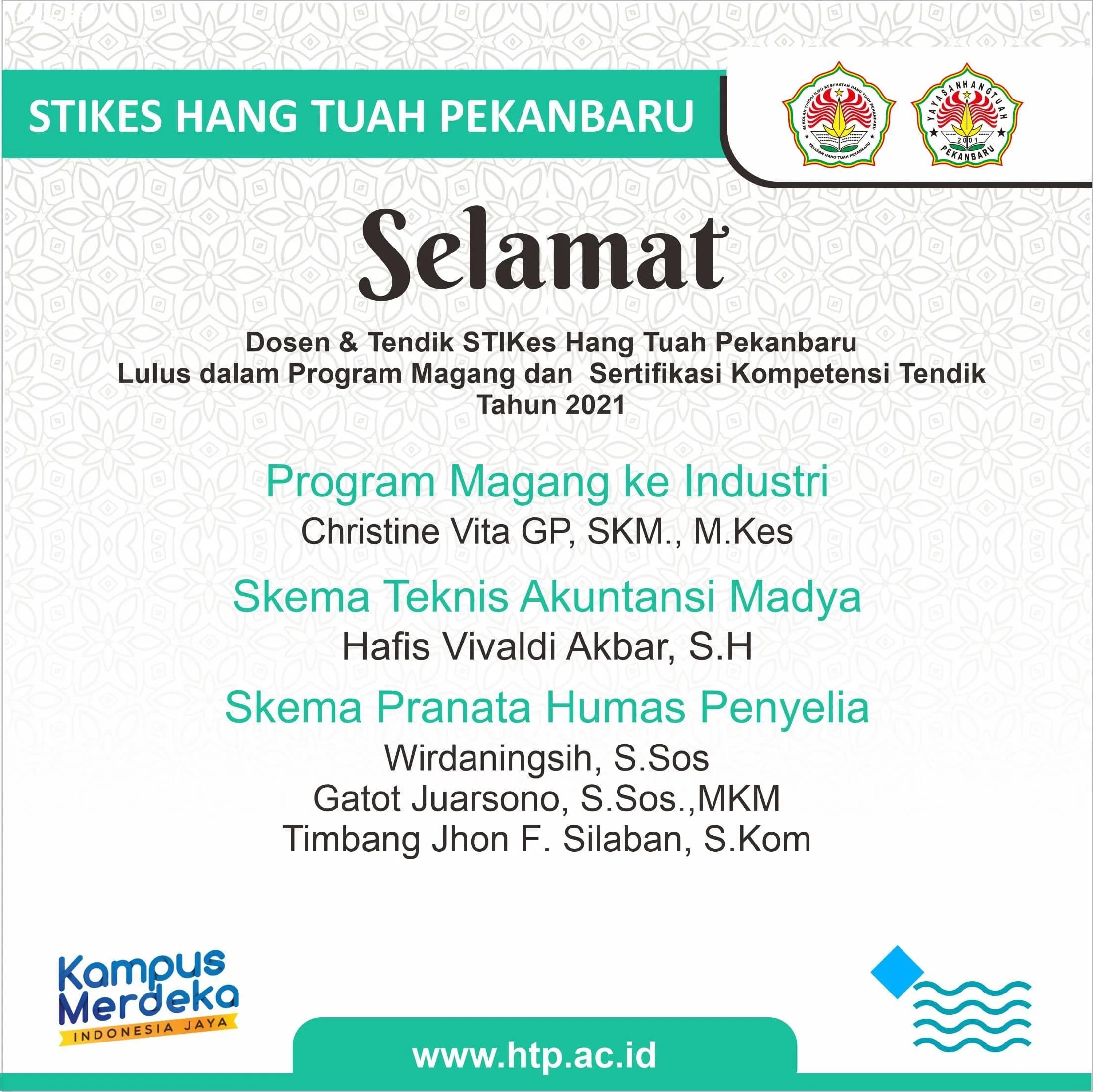 Selamat, Dosen dan Tendik  STIKes Hang Tuah Pekanbaru Lulus Magang dan  Sertifikasi Kompetensi Tendik Tahun 2021